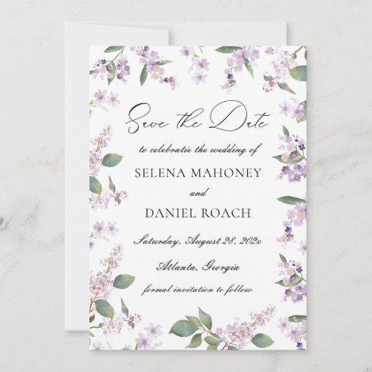 Moderne Lila Waterverf Wildbloemen Bruiloft Save The Date (Voorkant)