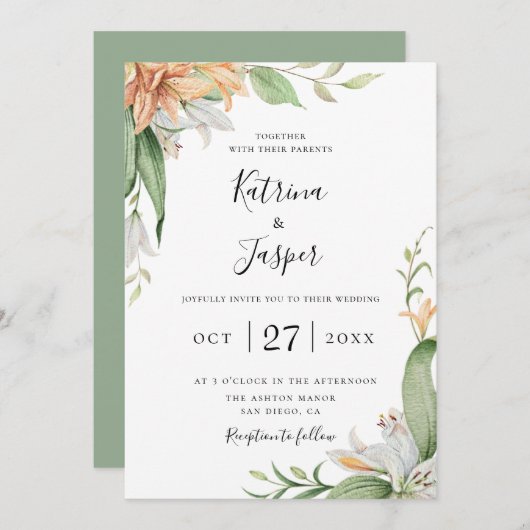 Moderne Lily Botanische Bloemen Bruiloft Kaart (Voorkant / Achterkant)