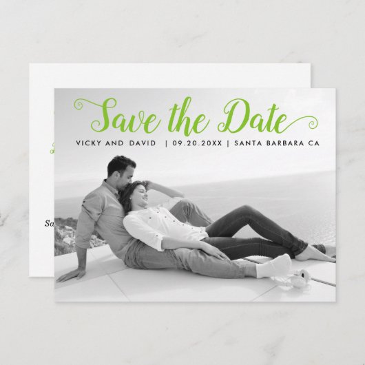 Moderne lime groene bruiloft Save the Date foto Briefkaart (Voorkant / Achterkant)