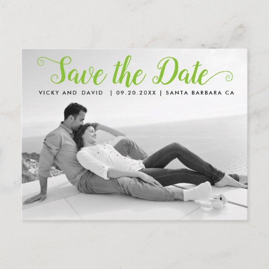 Moderne lime groene bruiloft Save the Date foto Briefkaart (Voorkant)