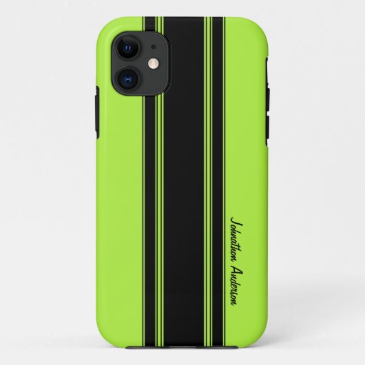 Moderne limoengroene race strepen met naam Case-Mate iPhone case (Achterkant)