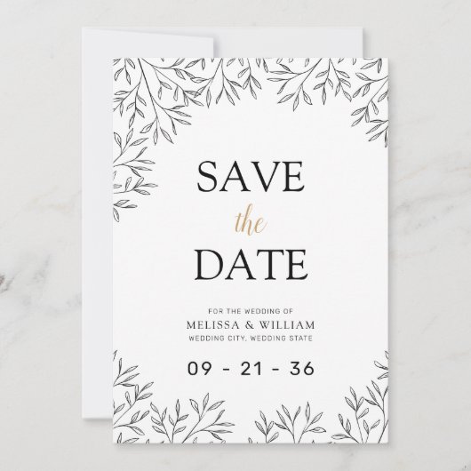 Moderne Line Art Botanische bruiloft Save The Date (Voorkant)