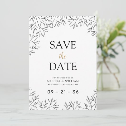 Moderne Line Art Botanische bruiloft Save The Date (Staand voorkant)