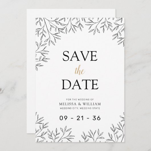 Moderne Line Art Botanische bruiloft Save The Date (Voorkant / Achterkant)