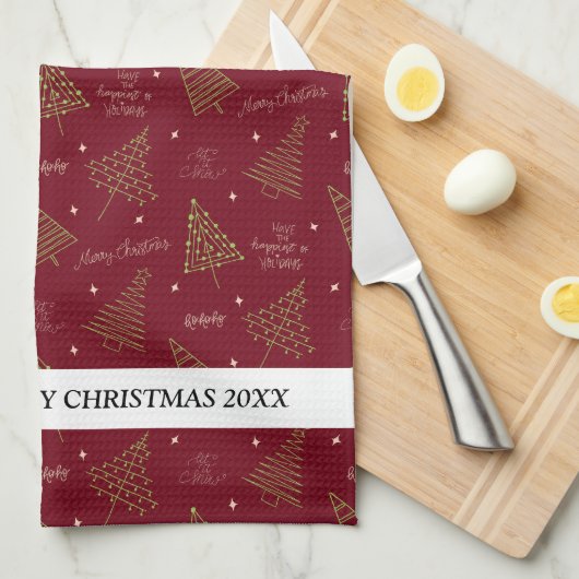 Moderne lineaire kerstbomen met familienaam theedoek (Quarter Fold)