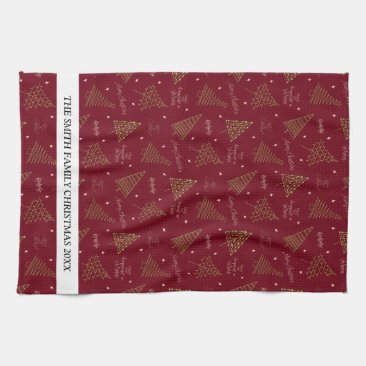 Moderne lineaire kerstbomen met familienaam theedoek (Horizontaal)