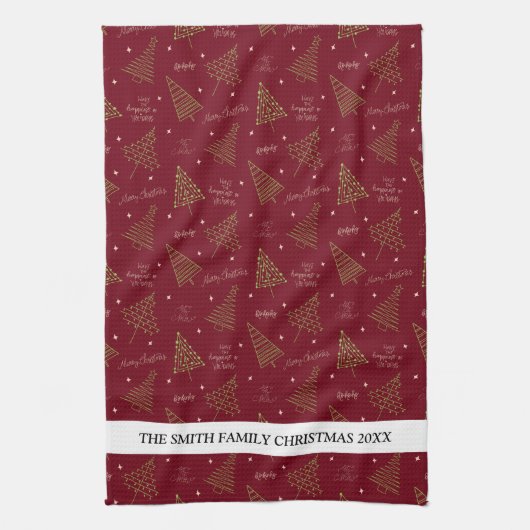 Moderne lineaire kerstbomen met familienaam theedoek (Verticaal)