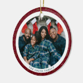 Moderne Lineart kerstboom op rode familie foto Keramisch Ornament (Links)