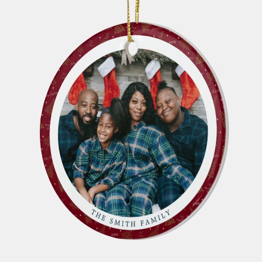 Moderne Lineart kerstboom op rode familie foto Keramisch Ornament (Links)