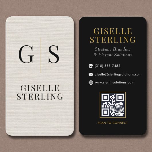 Moderne Linen Gouden Monogram QR Code Visitekaartje