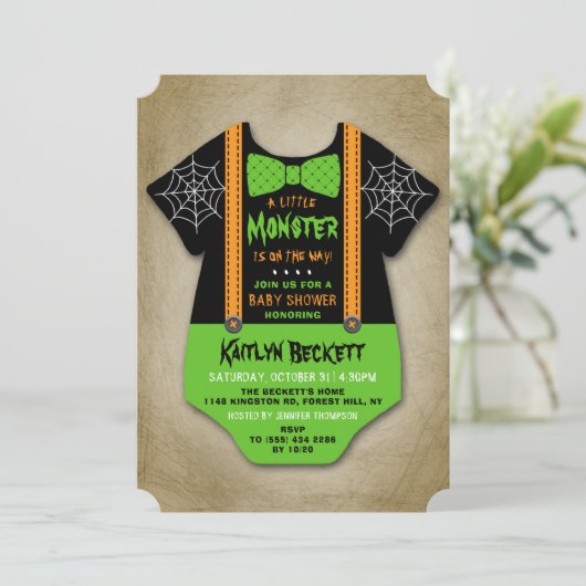 Moderne "Little Monster" boys Halloween Baby showe Kaart (Staand voorkant)