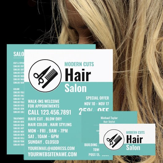 Moderne Logo, haarstijllijst, haarsalon en brochur Flyer