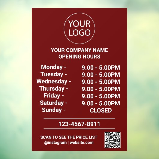 Moderne Logo met openingsuren Bedrijfs QR-code Roo Raamsticker (Vel 3)