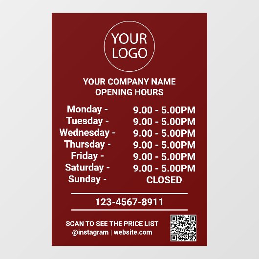 Moderne Logo met openingsuren Bedrijfs QR-code Roo Raamsticker (Vel)