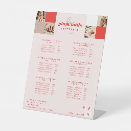 Moderne Logo Nail Beauty Salon Servicelijst Reclamebord Met Voetstuk (Voorkant)