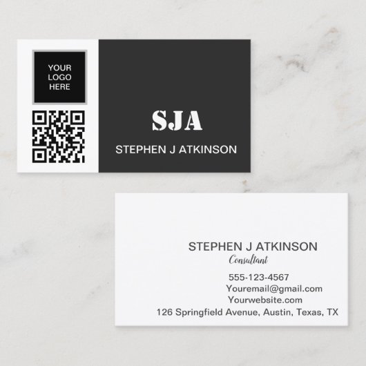 Moderne Logo QR Code Zwart Professionele Initialen Visitekaartje (Voorkant / Achterkant)