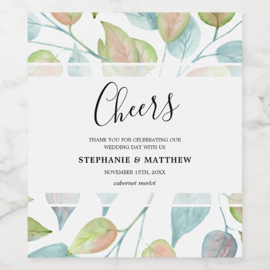 Moderne loof Waterverf geschilderd bladeren bruilo Wijn Etiket (Enkel label)