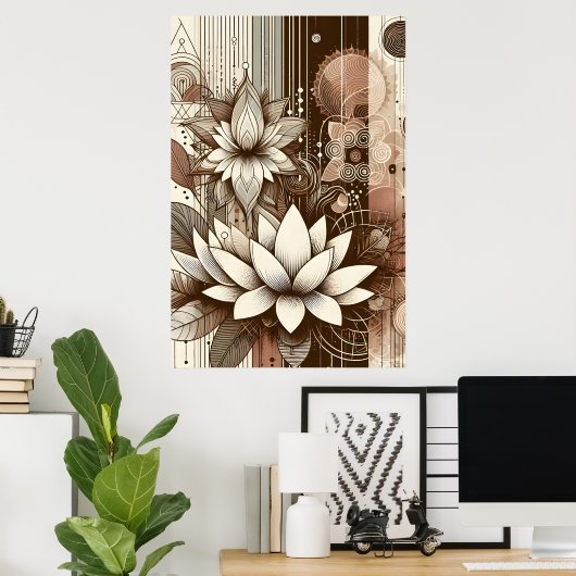 Moderne Lotus bloemen in Sepia Poster (Thuiskantoor)