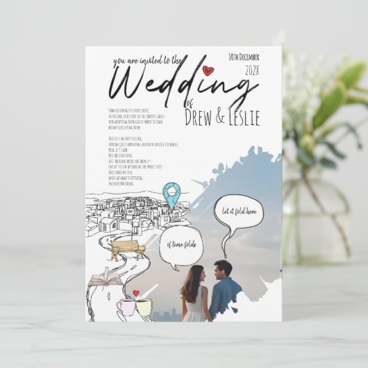 Moderne Love Story Tijdlijn Geïllustreerde bruilof Kaart (Staand voorkant)