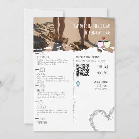 Moderne Love Story Tijdlijn Geïllustreerde bruilof Kaart (Achterkant)