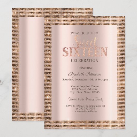 Moderne Lovertjes Frame Roze Goud Sweet 16 Kaart (Voorkant / Achterkant)