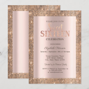 Moderne Lovertjes Frame Roze Goud  Sweet 16 Kaart