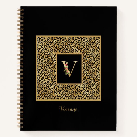 Moderne Luipaard Goud Persoonlijk Monogram Letter Notitieboek (Voorkant)
