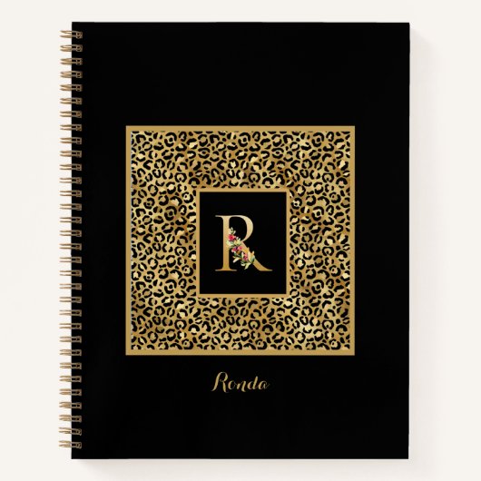 Moderne Luipaard Goud Persoonlijk Monogram Letter Notitieboek (Voorkant)