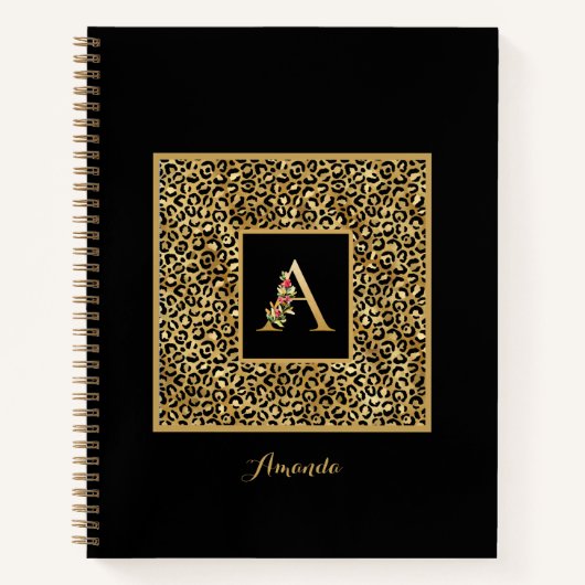 Moderne Luipaard Goud Persoonlijk Monogram Letter Notitieboek (Voorkant)
