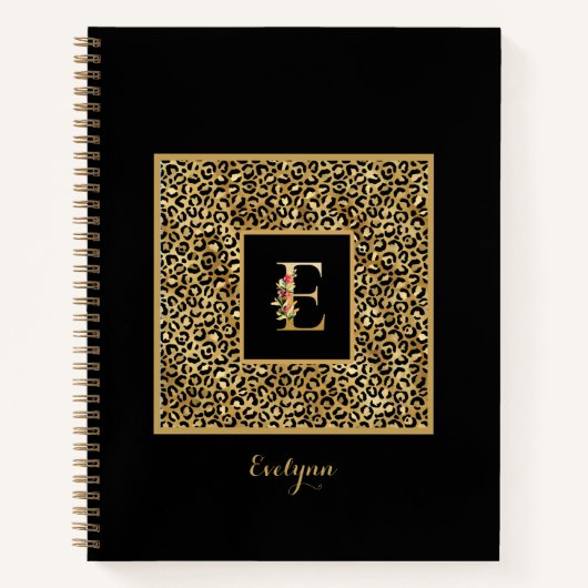 Moderne Luipaard Goud Persoonlijk Monogram Letter Notitieboek (Voorkant)