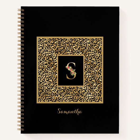 Moderne Luipaard Goud Persoonlijk Monogram Letter Notitieboek (Voorkant)