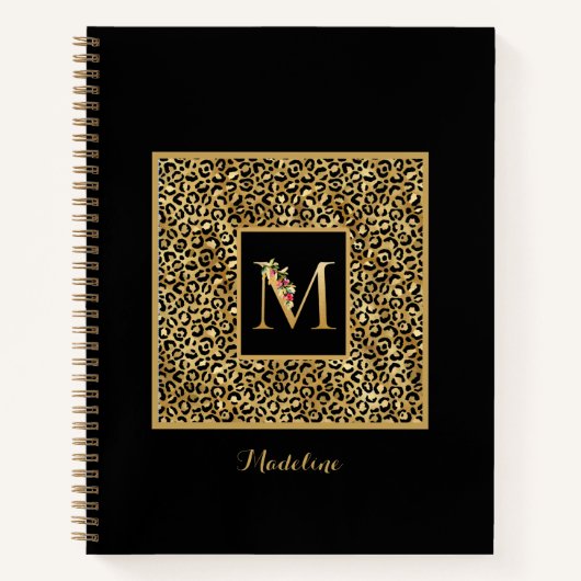 Moderne Luipaard Goud Persoonlijk Monogram Letter  Notitieboek (Voorkant)