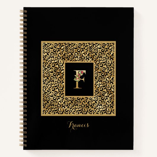 Moderne Luipaard Goud Persoonlijk Monogram Letter Notitieboek (Voorkant)