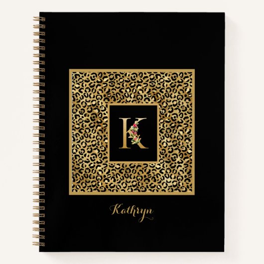 Moderne Luipaard Goud Persoonlijk Monogram Letter Notitieboek (Voorkant)