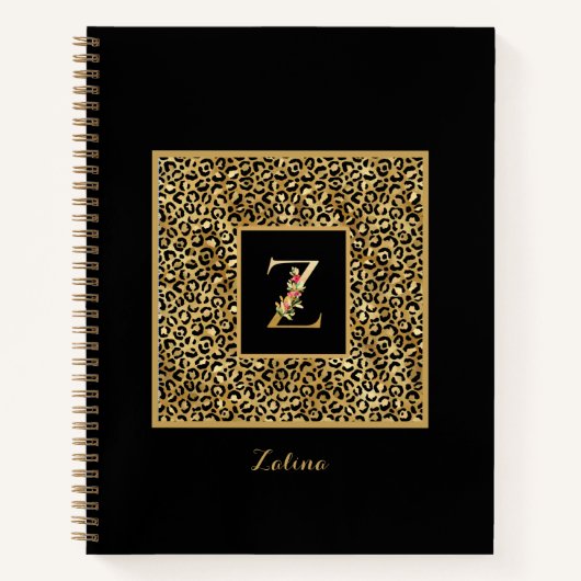 Moderne Luipaard Goud Persoonlijk Monogram Letter Notitieboek (Voorkant)