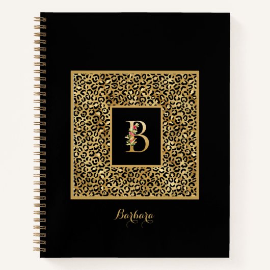 Moderne Luipaard Goud Persoonlijk Monogram Letter  Notitieboek (Voorkant)