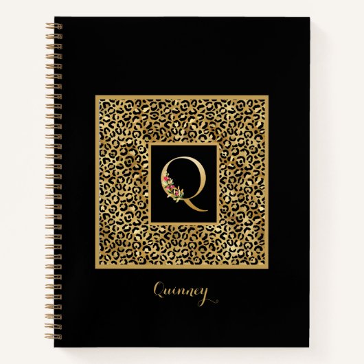 Moderne Luipaard Goud Persoonlijk Monogram Letter Notitieboek (Voorkant)