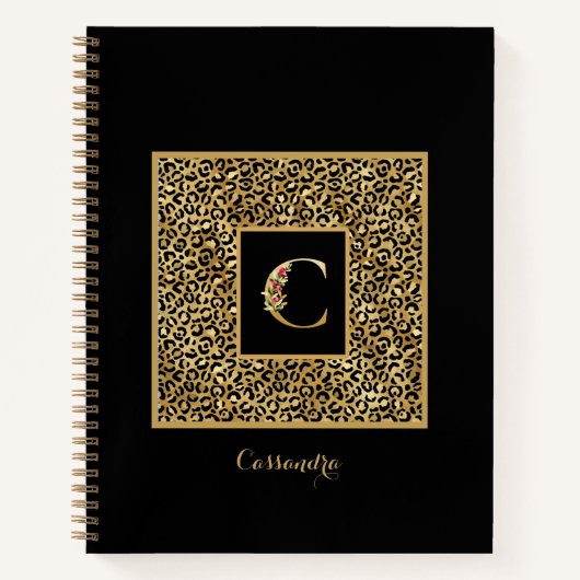 Moderne Luipaard Goud Persoonlijk Monogram Letter Notitieboek (Voorkant)