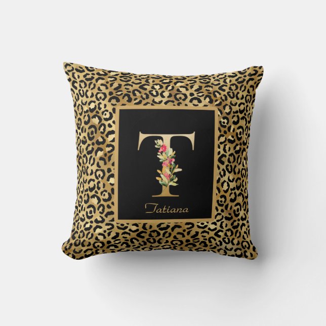 Moderne Luipaard Persoonlijk Monogram T Initiaal Kussen (Voorkant)