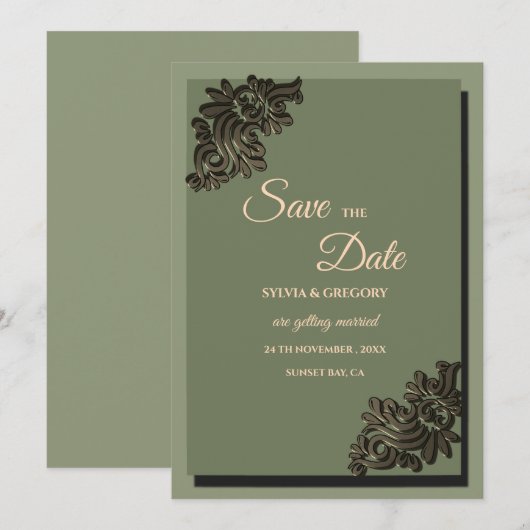 Moderne Luxe Aardesteen Salie Groen & Goud Klassie Save The Date (Voorkant / Achterkant)