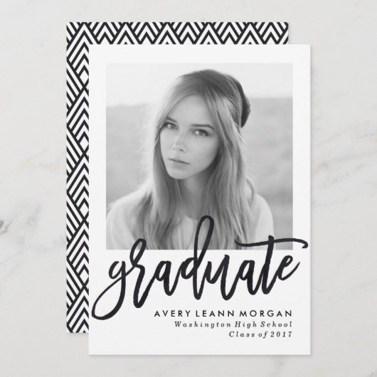 Moderne Luxe Black Script Graduparty Kaart (Voorkant / Achterkant)