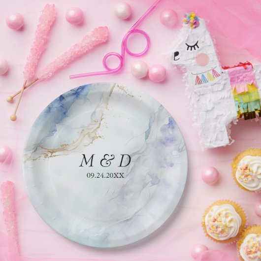 Moderne luxe blauwe marmeren huwelijksfeest papier papieren bordje (Feest)