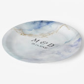 Moderne luxe blauwe marmeren huwelijksfeest papier papieren bordje (Gekanteld)