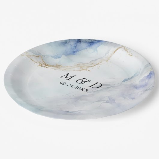 Moderne luxe blauwe marmeren huwelijksfeest papier papieren bordje (Gekanteld)