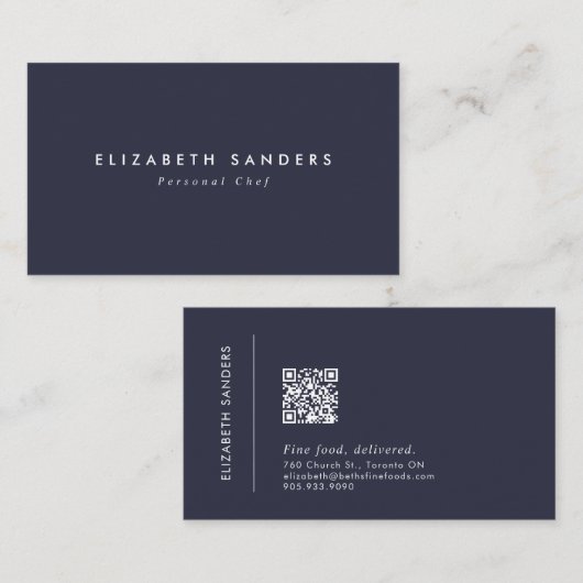 Moderne Luxe Blauwe Minimale Tekst met QR Visitekaartje (Voorkant / Achterkant)