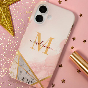 Moderne luxe blush roze goud monogram elegant iPhone 16 hoesje