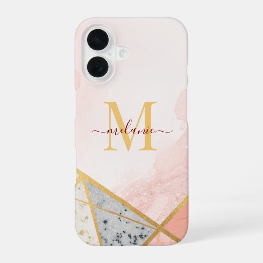 Moderne luxe blush roze goud monogram elegant iPhone 16 hoesje (Achterkant)