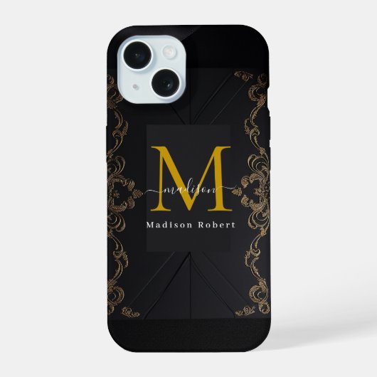 Moderne luxe bruine monogram initiële grap script iPhone 15 case (Achterkant)