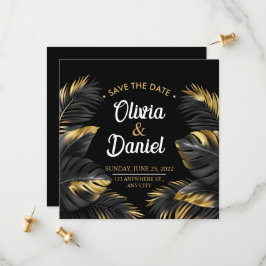 Moderne Luxe Chic Zwart en Goud Tropisch Palm Save The Date