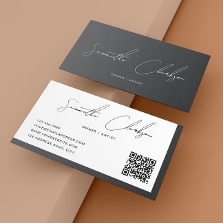 Moderne luxe donkergrijze handgeschreven script QR Visitekaartje